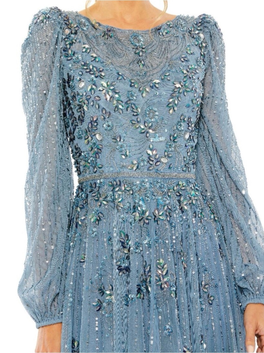 NWT Mac Duggal $698 MSRP Slate Blue Beaded Bishop Sleeves Midi Dress Size 24 - Picture 3 of 10